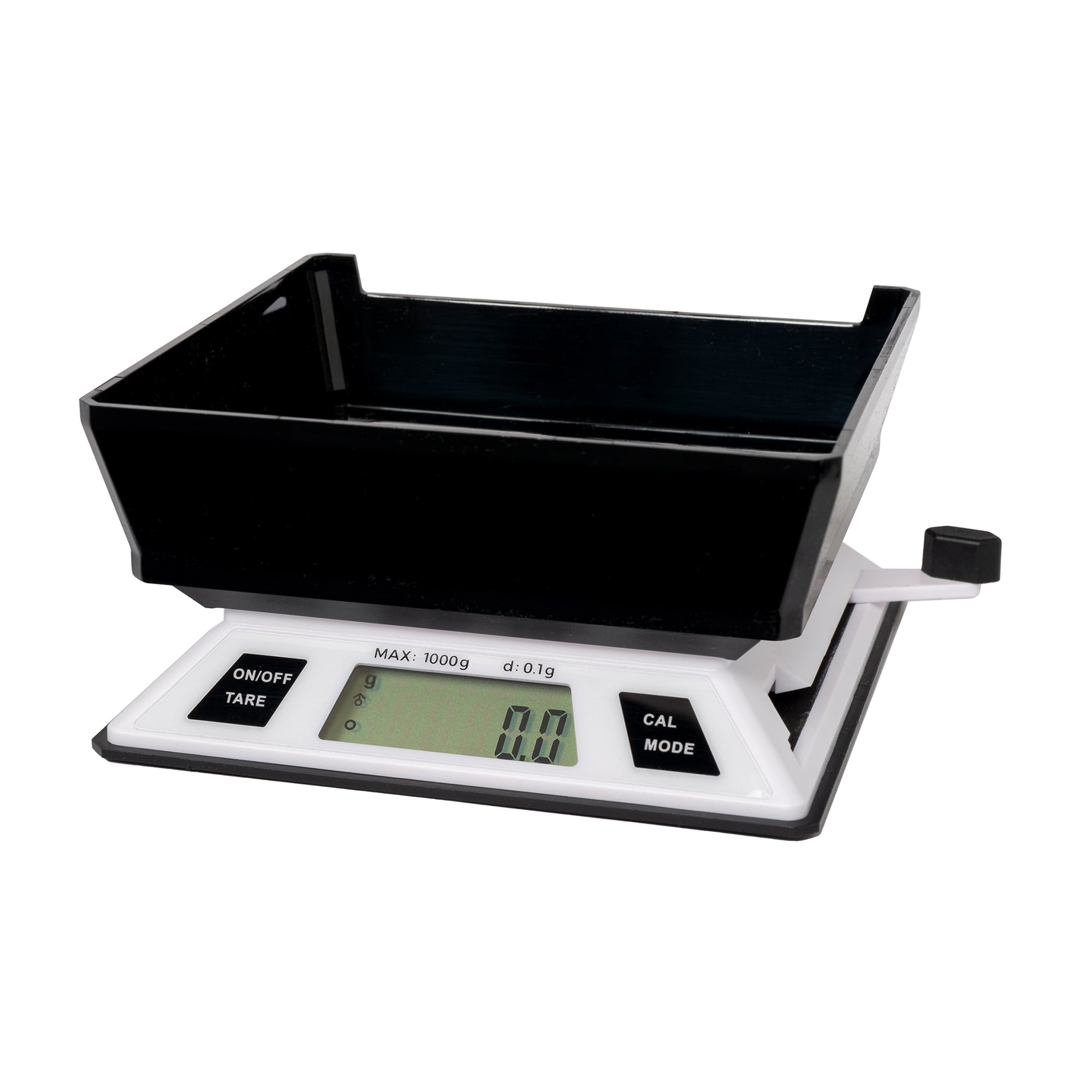 A folding digital kitchen scale that uses kinetic energy to help