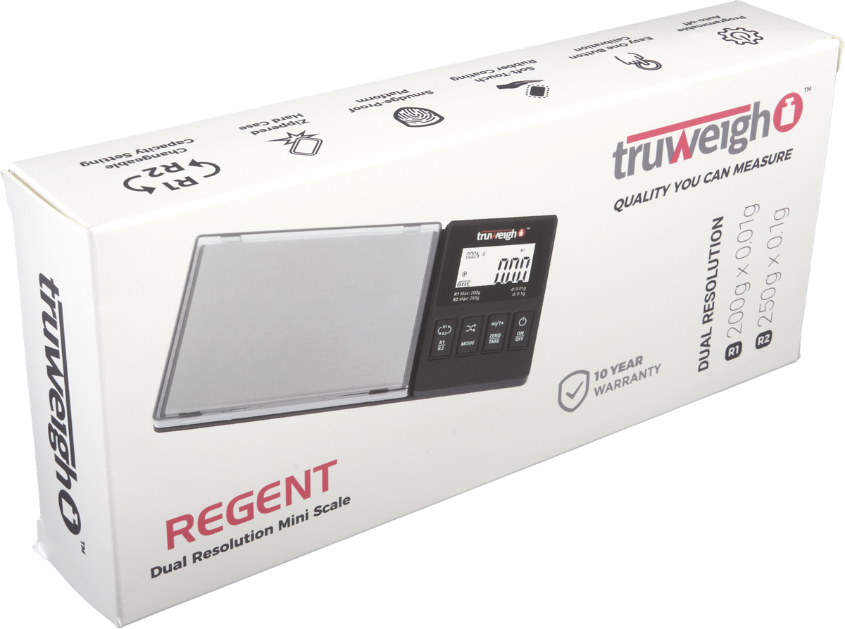 The box for the Truweigh Regent scale is shown on an angle