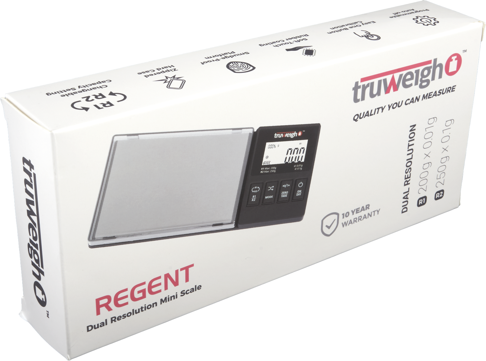 The box for the Truweigh Regent scale is shown on an angle